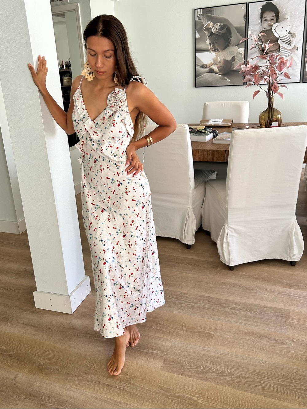 Bardot White Floral Tie-Waist Maxi Dress with Red and Green Accents